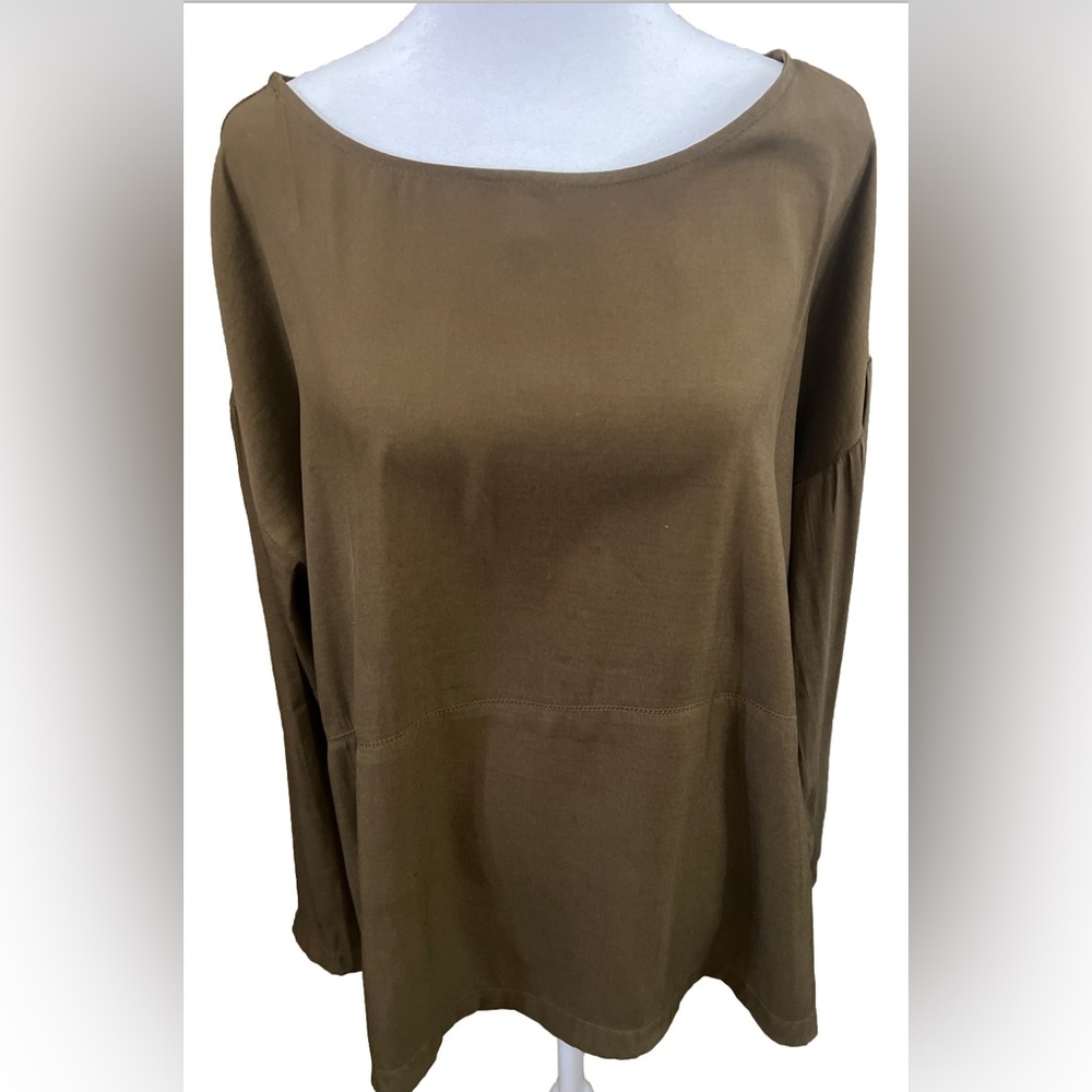 Anthropologie GRADE & GATHER Olive Green Silky Blouse 3/4 Puff Sleeves Small